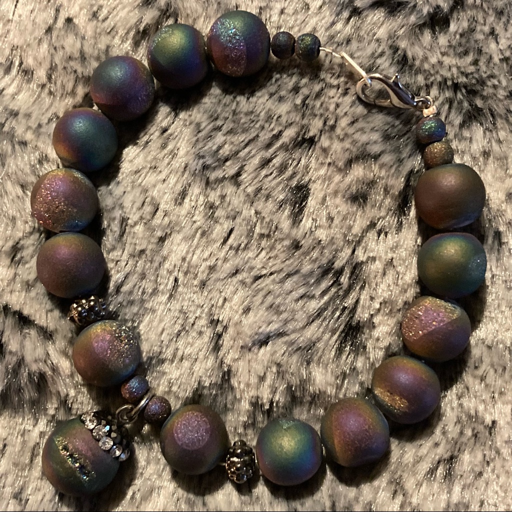 New Rainbow Titanium Gemstone Bracelet With Druzy Crystal Charm Silver Accents 8$